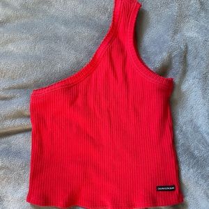 Calvin Klein Red One Shoulder Ribbed Top